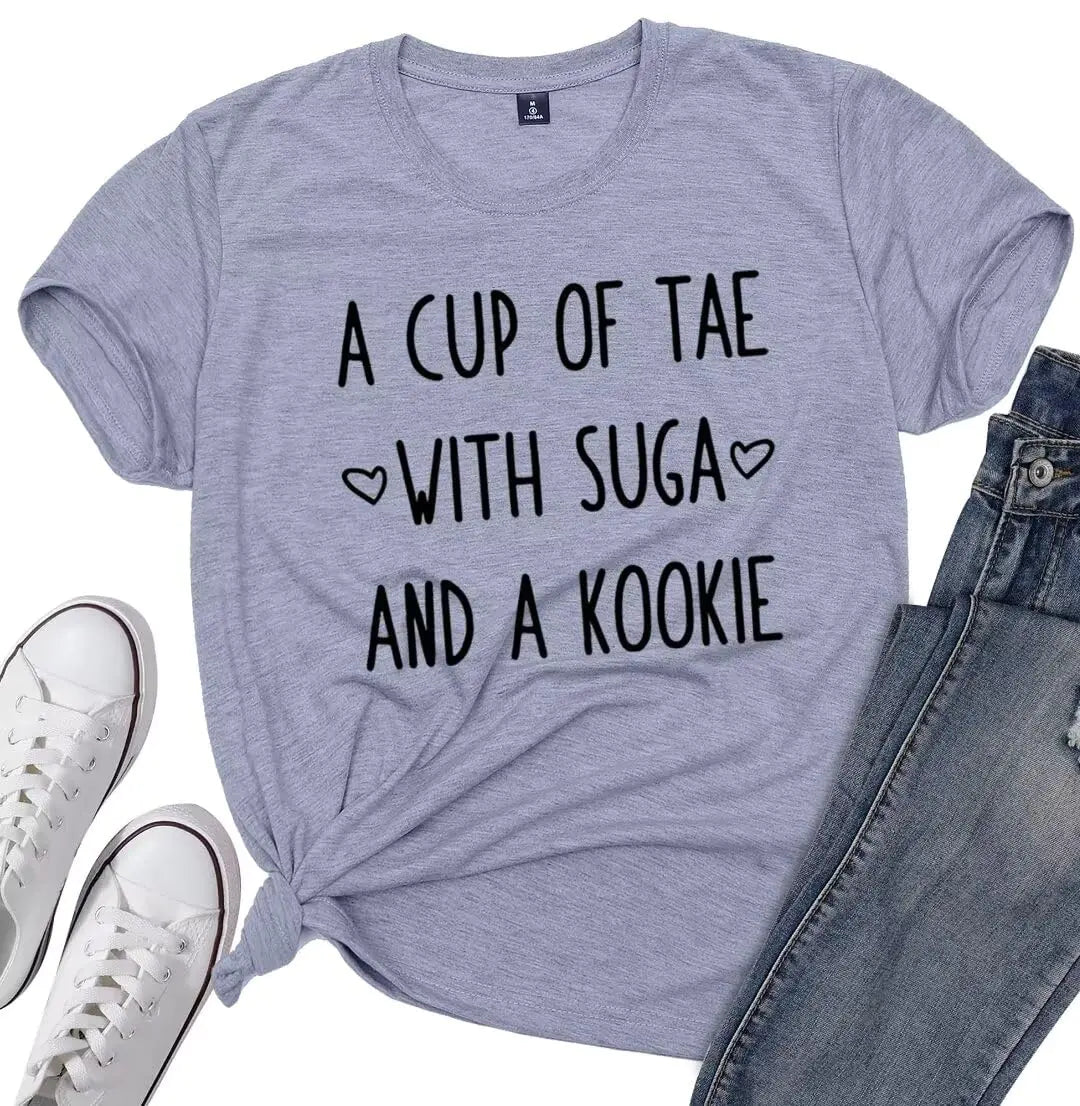 Kpop Unisex T-Shirts Suga Merch Short Sleeve Round Neck Cotton Tee Tops A Cup of Tea with Sugar and A Cookie Gray